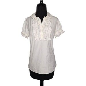 Y2K JUICY COUTURE White Cotton Blouse 8 Short Sleeve Shirt Half Button Ruffles
